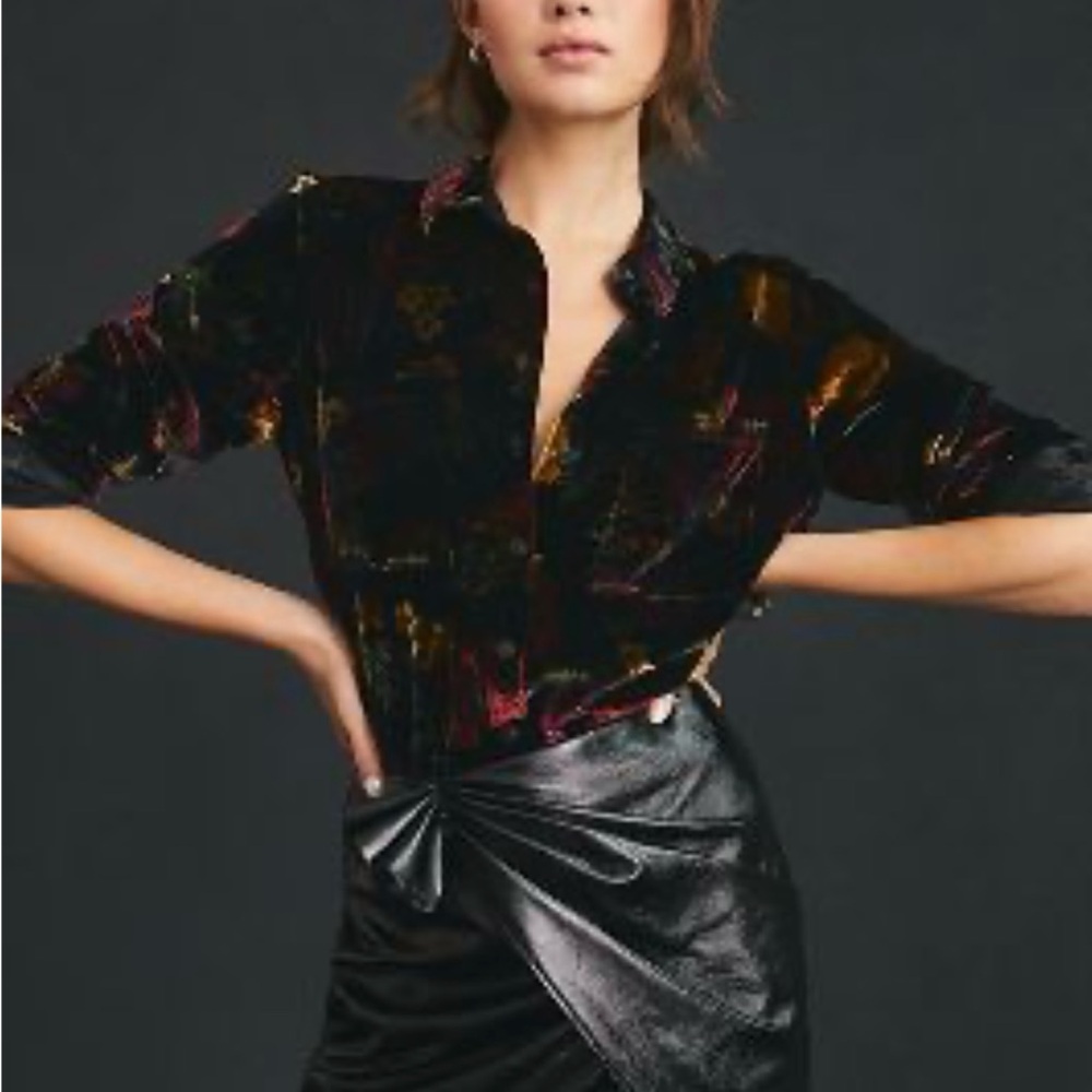 Pilcro Relaxed Black Velvet Buttondown Women's Top
